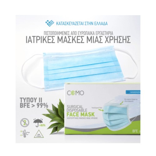 Σετ 50 Τεμαχίων Χειρουργικές Τριστρωματικές Μάσκες Ενηλίκων Μιας Χρήσης  One Size Σιέλ