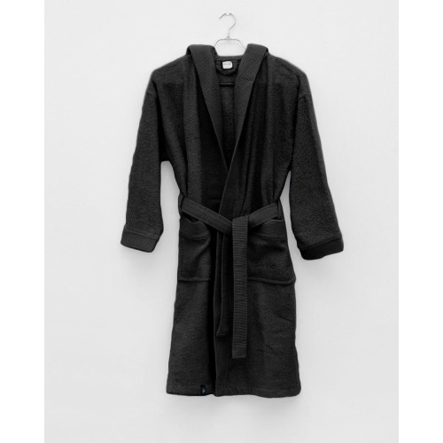 Unisex Βαμβακερό Πετσετέ Μονόχρωμο Μπουρνούζι με Πλισέ Γιακά & Κουκούλα Rease Medium Μαύρο
