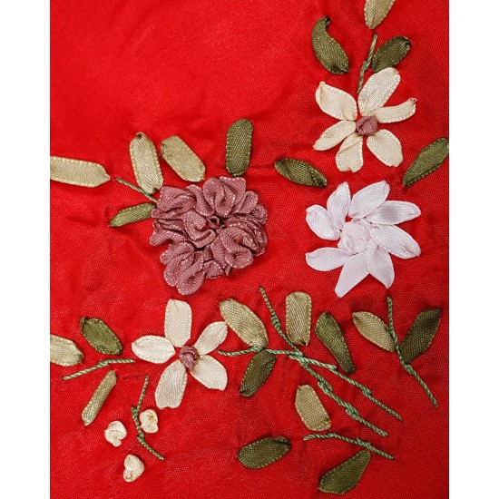 Πουγκί Lux με κέντημα λουλούδια και κορδόνι με φουντίτσες 18x23cm Κόκκινο