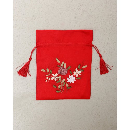 Πουγκί Lux με κέντημα λουλούδια και κορδόνι με φουντίτσες 18x23cm Κόκκινο