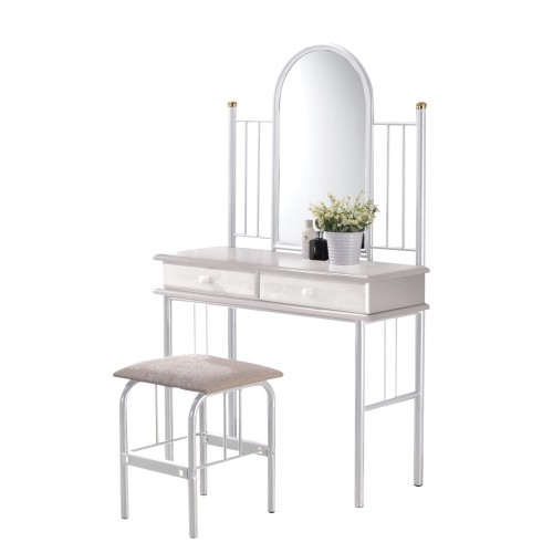 FLORA SET Τουαλέτα με Καθρέπτη   Σκαμπό 2 Συρτάρια, Μέταλλο Βαφή Άσπρο, Ξύλο Άσπρο