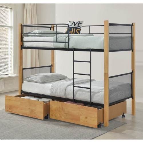 NET Κρεβάτι Κουκέτα με 2 Συρτάρια 94x47x30cm, Μέταλλο Βαφή Μαύρο-Ξύλο Φυσικό