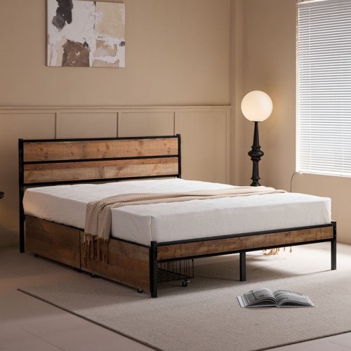 PALLET Κρεβάτι Διπλό-Συρτάρια, για Στρώμα 160x200cm, Μέταλλο Βαφή Μαύρο, Antique Oak