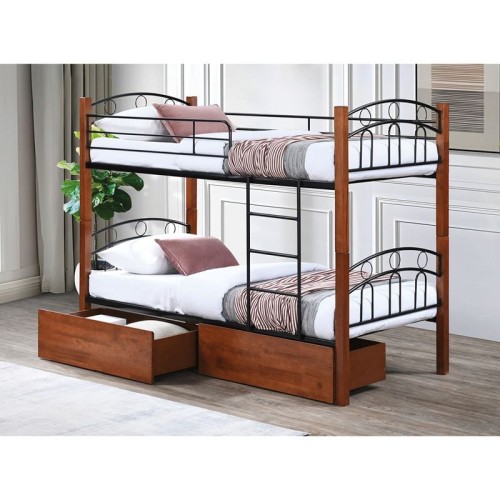 NORTON Κρεβάτι Κουκέτα με 2 Συρτάρια 94x47x30cm, Μέταλλο Βαφή Μαύρο-Ξύλο Καρυδί