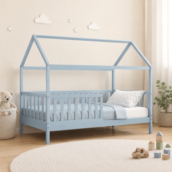 DREAM τ.Montessori Παιδικό Κρεβάτι με Στρώμα 90x190/19cm, Ξύλο Πεύκου Απόχρωση Γαλάζιο